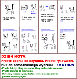 DZIEŃ KOTA. Proste zdania do czytania. Proste rysowanki. PDF do samodzielnego wydruku.