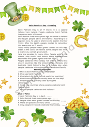 Saint Patrick's  Day -karta pracy czytanie ze zrozumieniem plus słowniczek obrazkowy