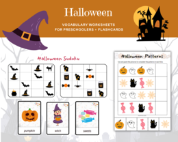 Halloween for Preschoolers Worksheets + Flashcards - Halloween dla przedszkolaka, język angielski, karty pracy, karty obrazkowe