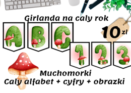 Girlanda na cały rok - Muchomorki - Litery i Cyfry + obrazki
