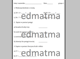 Kartkówka - dzielenie z resztą, potęgowanie (klasa 4)