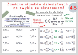 Zamiana ułamka dziesiętnego na ułamek zwykły ze skracaniem / KARTY PRACY kl.4 – kl.5 PDF + ROZWIĄZANIA
