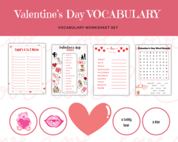 Valentine's Day Vocabulary - Angielski na Waletynki, zestaw 4 kart pracy do ćwiczenia słownictwa związanego z miłością, związkami i walentynkami + dodatkowa gra memory z 18 słówkami