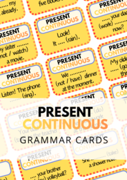 Present Continuous - 120 Grammar Cards - uzupełnianie luk -  zestaw kart - karty - gramatyka - klasa 4, 5, 6 - ing - egzamin ósmoklasisty - powtórka