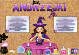 🪄 Gazetka na ANDRZEJKI – magiczna dekoracja klasy! ✨ Kolorowe grafiki | Plakat| 2 plansze z wróżbami| Każda grafika w conajmniej 2 rozmiarach