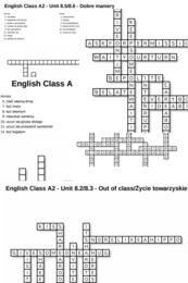 English Class A2 – Unit 8 – krzyżówki – Cele życiowe/Out of class_Życie toważyskie/Zgoda i jej brak/Dobre maniery