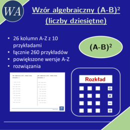 Wzór algebraiczny (A-B)^2, rozkład (liczby dziesiętne) | matematyka, algebra | 26 kolumn