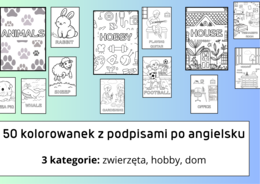 50 kolorowanek z podpisami po angielsku – zwierzęta, hobby i dom