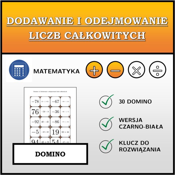 Domino - Dodawanie i odejmowanie liczb całkowitych | matematyka
