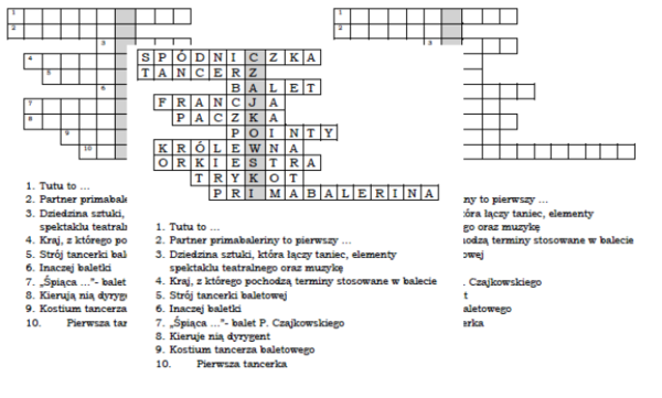 Logogryf na podsumowanie lekcji muzyki o balecie