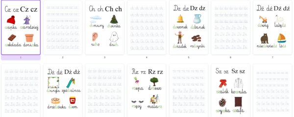 Plansze z dwuznakami + pisanie po śladzie
