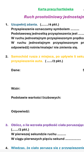 Kartkówka/ karta pracy RUCH JEDNOSTAJNY PRZYSPIESZONY