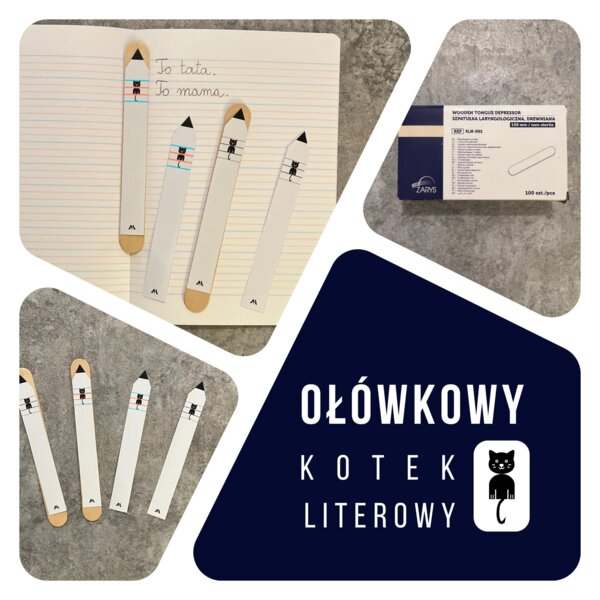 Ołówkowy kotek literowy – pomoc do nauki pisania liter w liniaturze zeszytu