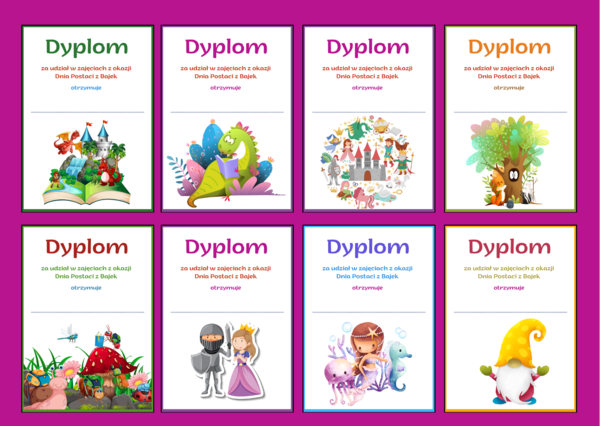 DZIEŃ POSTACI Z BAJEK – dyplomy – 17 wersji – biblioteka – świetlica - przedszkole