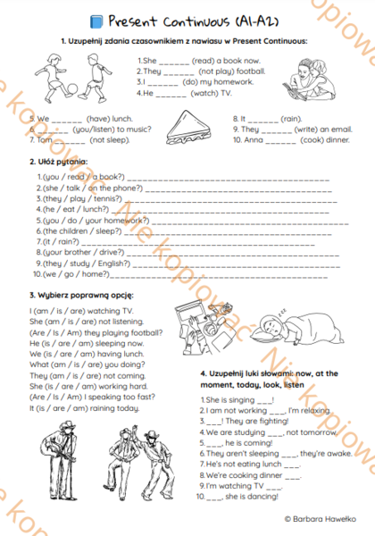 Karta pracy - czas Present Continuous A1/A2