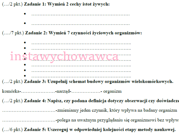 Biologia jak nauka - sprawdzian