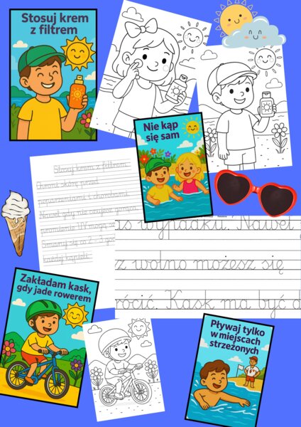 🎒 „Bezpieczne wakacje” – 43-strony - zestaw edukacyjno-terapeutyczny, nauka zasad bezpieczeństwa, terapia ręki i kształtowanie pisma.
