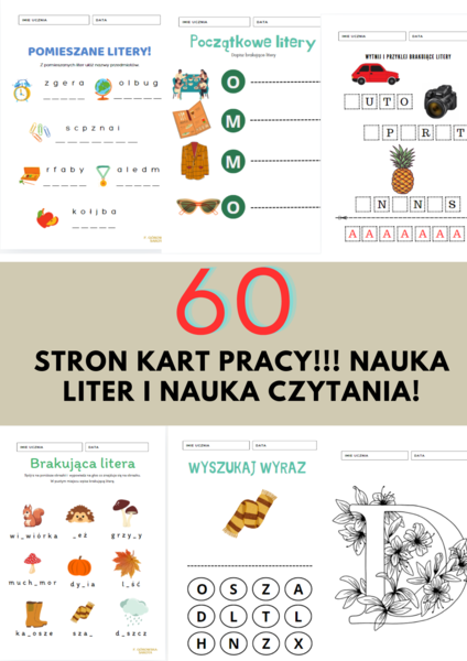 60 kart pracy nauka pisania liter, nauka czytania.