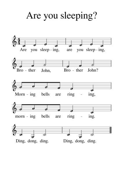 Are you sleeping, are you sleeping, Brother John? Nuty do piosenki, tekst w języku angielskim, podpisane nazwy dźwięków. Wygodna, duża czcionka.