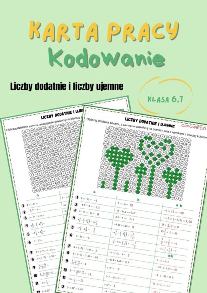Liczby dodatnie i ujemne, karta pracy, kodowanie, klasa 6 i 7, walentynki, dzień kropki