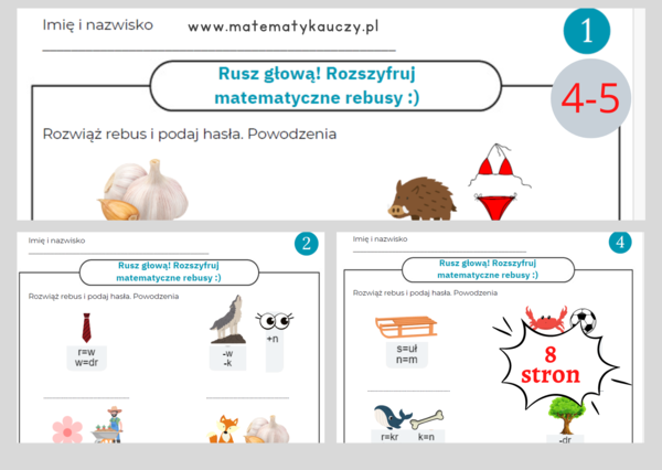RUSZ GŁOWĄ - REBUSY matematyczne / KARTY PRACY kl.4 – kl. 5 PDF / 24 rebusy + ROZWIĄZANIA