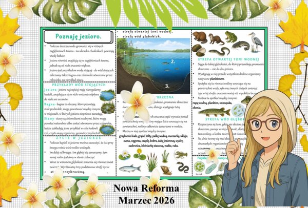 Sketchnotka/notatka - dla ucznia i przypomnienie dla nauczyciela w pdf. Temat "Poznaję jezioro". Przyroda 4. "Odkrywam przyrodę" zgodna z wydawnictwem Nowa Era. Dział "Życie w wodzie".