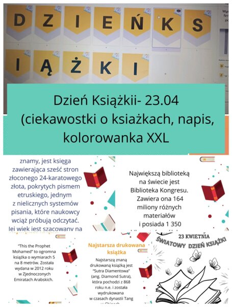 Pakiet na Dzień Książki (ciekawostki, kolorowanka XXL, A4, napis, plakaty)
