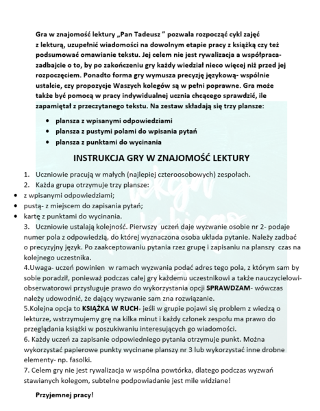 "PAN TADEUSZ"- GRAMY W ZNAJOMOŚĆ LEKTURY
