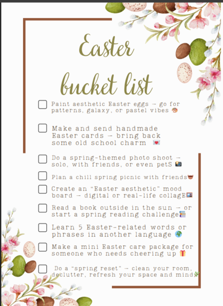 🌟 Easter Bucket List – High School Edition – Wiosenna Lista Zadań dla Nastolatków (A4) 🐣