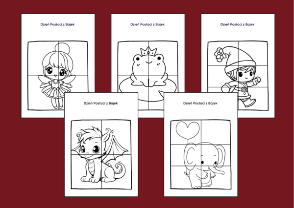 DZIEŃ POSTACI Z BAJEK – biblioteka – świetlica – przedszkole - UKŁADANKA - układanki - puzzle - kolorowanka - 10 szt.