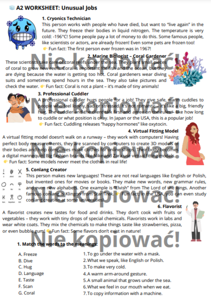 Karta Pracy/Czytanka "Unusual Jobs" poziom A2
