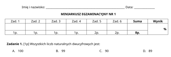 Miniarkusz egzaminacyjny - przygotowanie do egzaminu ósmoklasisty
