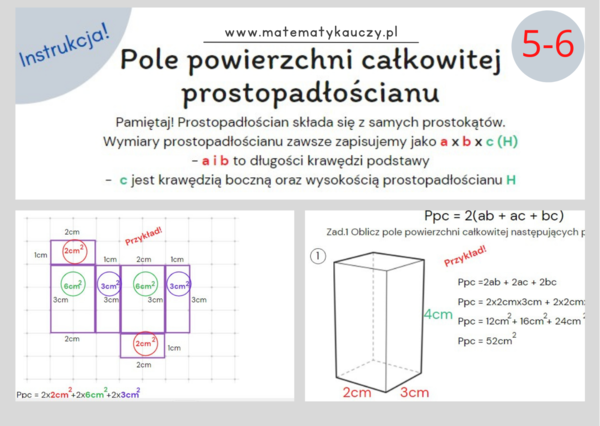 Pole powierzchni całkowitej prostopadłościanu Ppc / Karty pracy PDF kl. 5-6 + ROZWIĄZANIA KROK PO KROKU