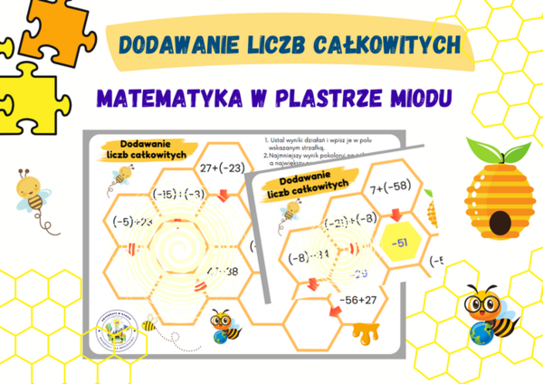 Dodawanie liczb całkowitych w plastrze miodu - karta pracy w 2 wersjach