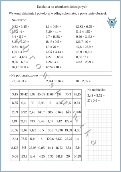 Działania na ułamkach dziesiętnych - kodowanka