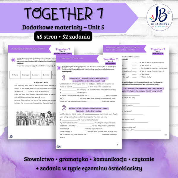 Together 7 Unit 5: Shop Smart! – materiały dodatkowe: słownictwo, gramatyka, komunikacja, czytanie, E8, speaking – karty pracy, ćwiczenia