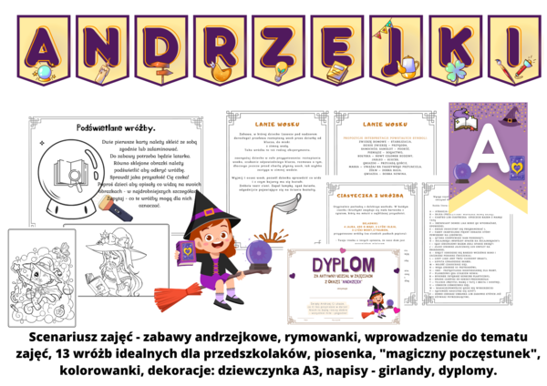 Andrzejki - 13 wróżb, scenariusz zajęć, girlandy-napisy + kolorowanki