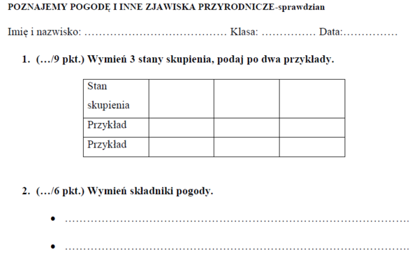 poznajemy pogodę i inne zjawiska przyrodnicze-sprawdzian