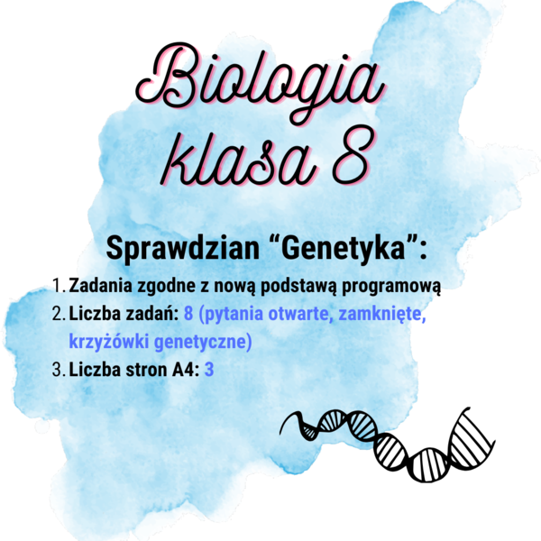 Biologia. Klasa 8. Genetyka. Sprawdzian. Nowa podstawa programowa