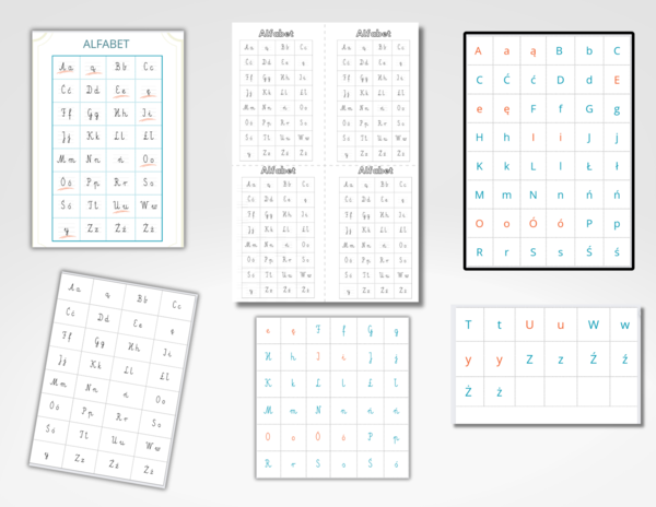 Alfabet kolorowy i czarno-biały. Wklejki do zeszytu. Pisane i drukowane litery - czarno-białe i kolorowe.
