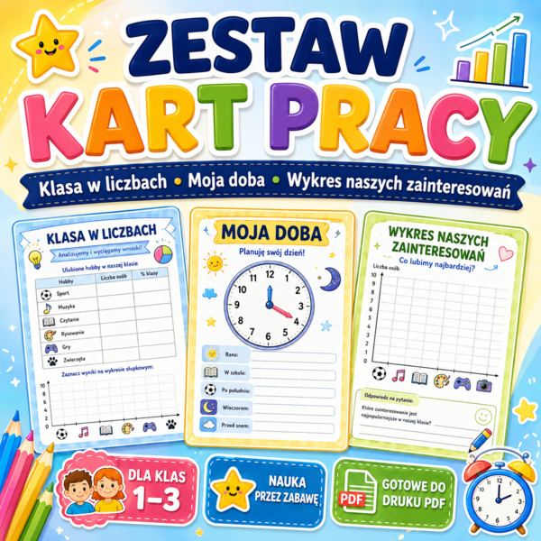 Zestaw kart pracy: „Klasa w liczbach”, „Moja doba” i „Wykres naszych zainteresowań”