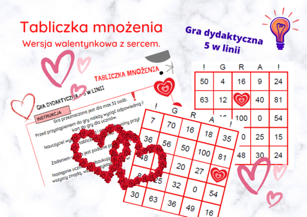 Tabliczka mnożenia 5 w linii - wersja walentynkowa