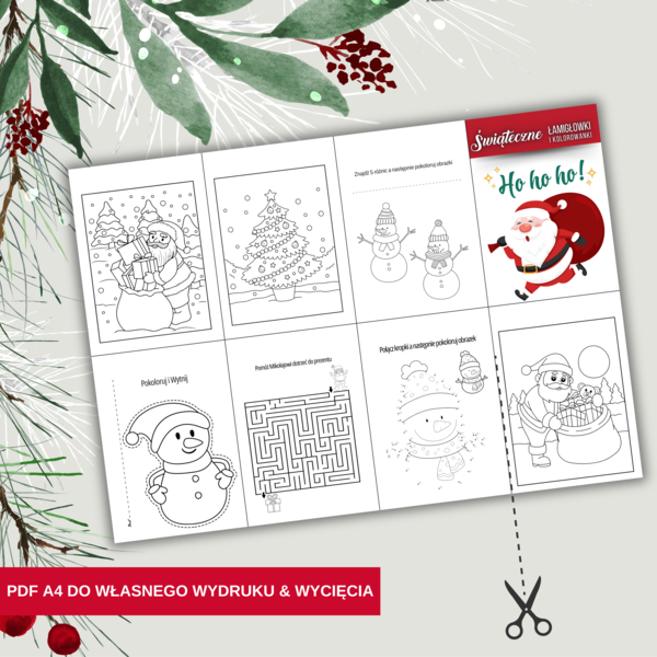 Mini Łamigłówki i Kolorowanki Świąteczne do własnego Druku & Wycięcia na formacie A4