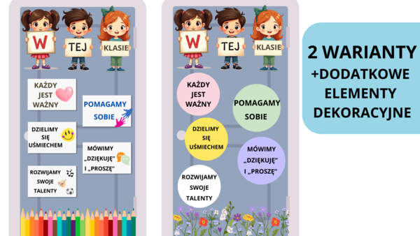 Ozdoba na drzwi/tablicę /gazetkę - „W tej klasie…” – dekoracja do szkoły podstawowej - 2 warianty