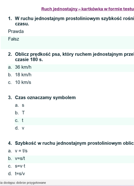 Ruch jednostajny - kartkówka w formie testu.