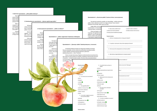 📚📝 Pakiet 6 opowiadań na DZIEŃ JABŁKA – z pytaniami i zadaniami dla uczniów 🍎 CZYTANIE ZE ZROZUMIENIEM – kl. 4-6 – opowiadanie + odpowiedzi