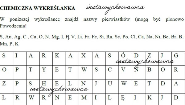 Chemiczna wykreślanka z symbolami pierwiastków