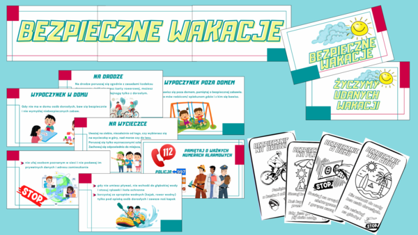 Bezpieczne wakacje - gazetka - prezentacja, napis, kolorowanki