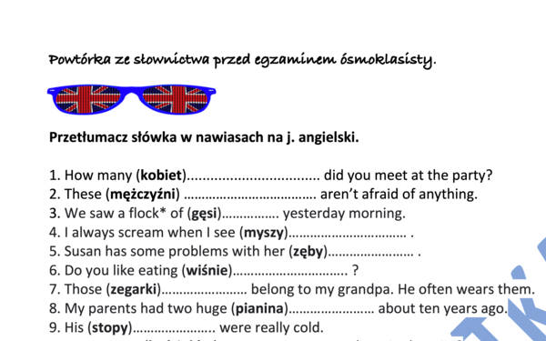 Nowa mega powtórka ze słówek przed egzaminem ósmoklasisty- aż 40 zdań z lukami+ klucz