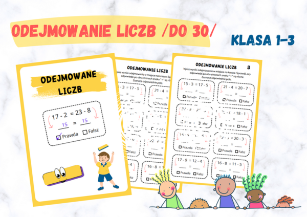 Odejmowanie do 30 - karta pracy dla dwóch grup, kartkówka